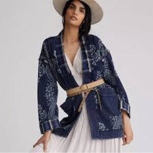 Anthropologie Pilco Quilted Kimono Jacket in Blue Patchwork Denim Size S/M NWT